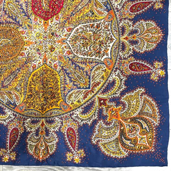 Vintage Silk Scarf Large Square paisley print blue gold red orange dramatic chic - Picture 3 of 7